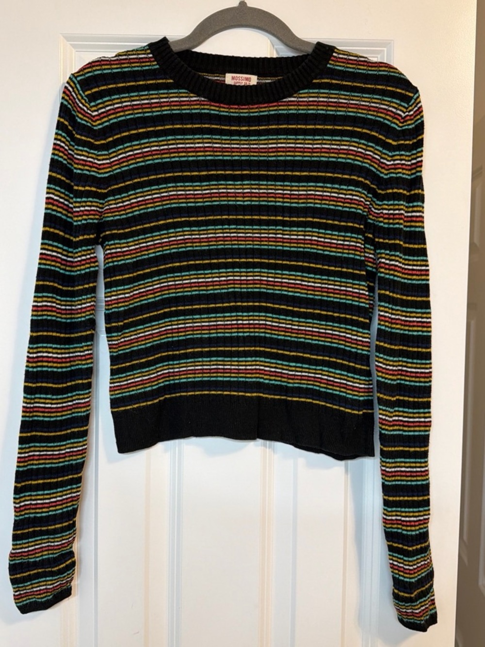 Mossimo Supply Co. Black Ribbed Crewneck with Rainbow Stripes